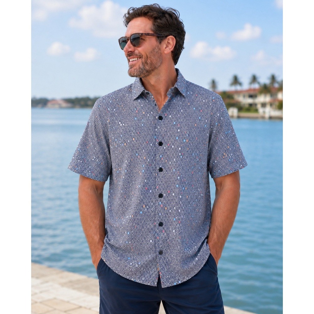 Robert Graham Modern Americana 2XL Short Sleeve Shirt Geomeric-Stretch-Button-Up
